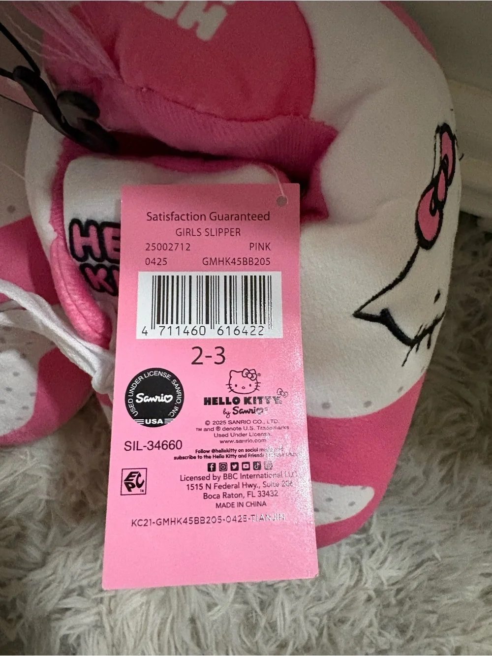 Hello Kitty Pink and White Kids Plush Lace-Up Slippers Sz 2-3